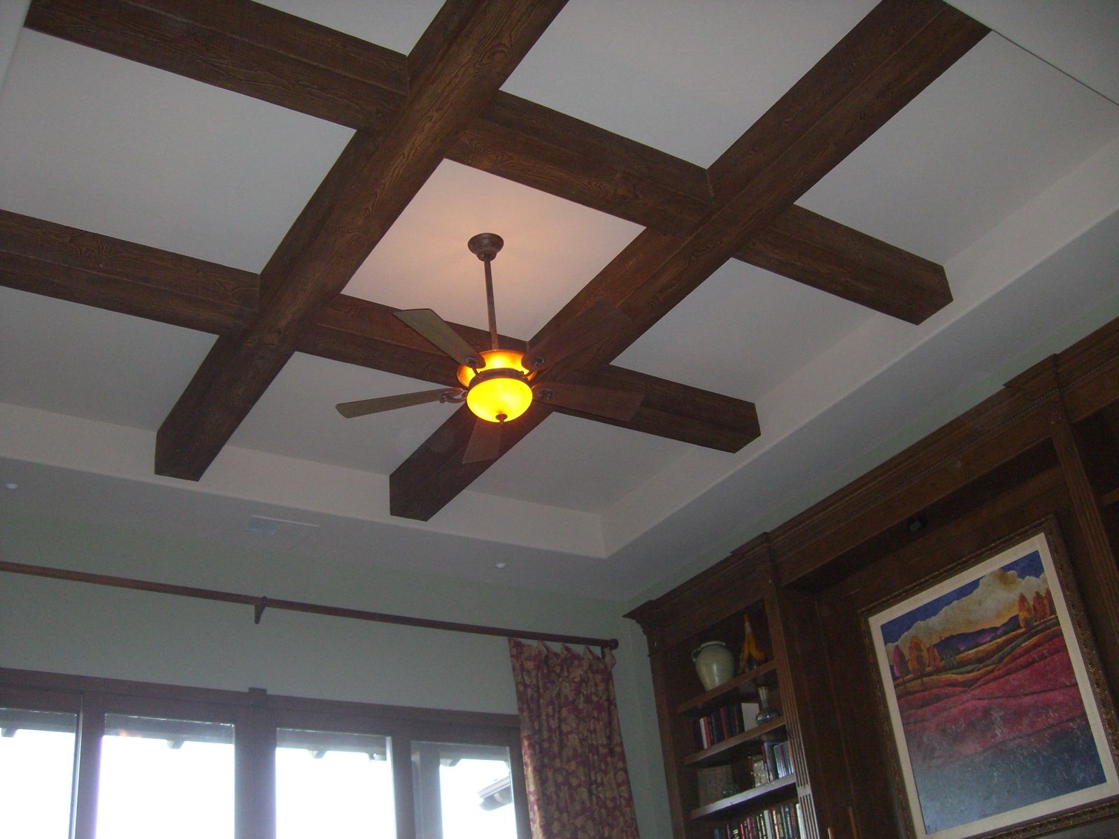 Coffered ceiling made with faux wood beams