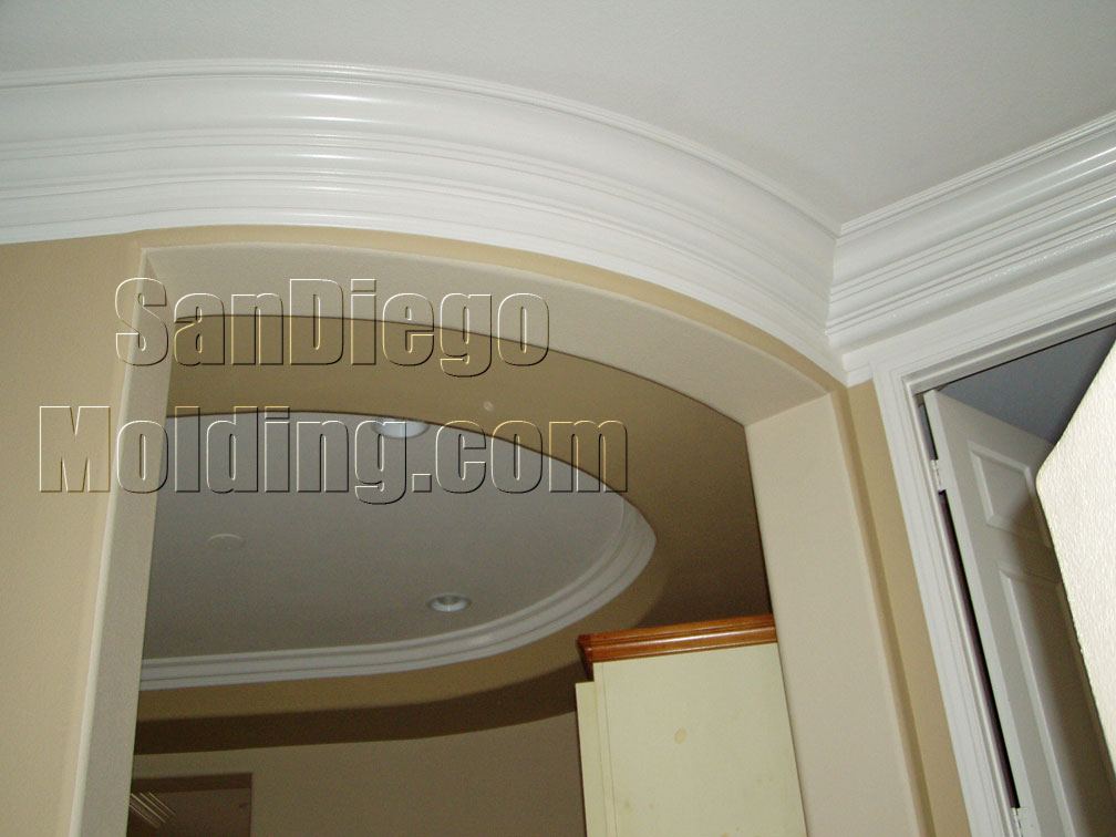 Three-piece crown molding on inside and outside radius walls